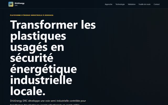 Capture réelle de la page d’accueil du site DrivEnergy DRC.